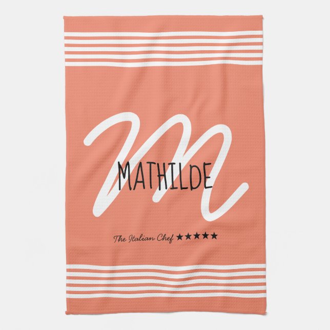 Personlig Modern White Elegant Monogram Chef Kökshandduk (Vertikal)