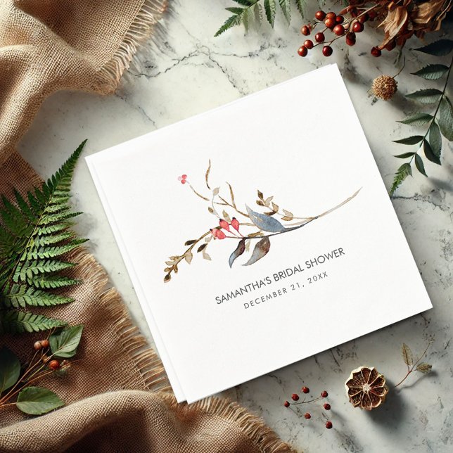 Personlig Möhippa Napkins Decorative Pappersservett (Rustic cocktail napkins watercolor twigs and berries personalized)