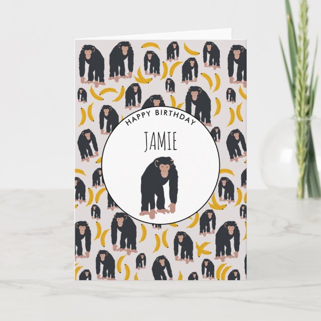 Personlig Monkey Chimpanzee & Banana Birthday Kort (Framsida)