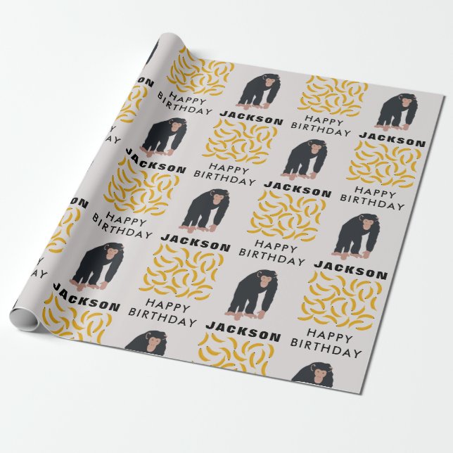Personlig Monkey Chimpanzee & Banana Birthday Presentpapper (Utrullad)