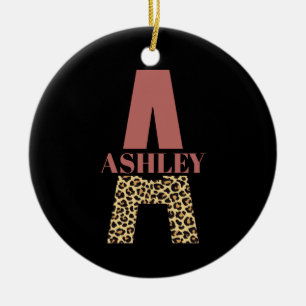 Personlig Monogram A Rosa Leopard print Julgransprydnad Keramik
