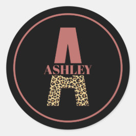 Personlig Monogram A Rosa Leopard print Runt Klistermärke