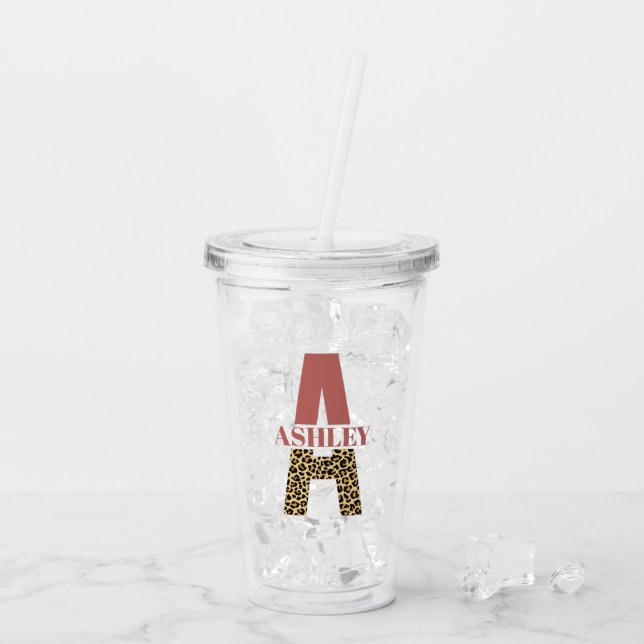 Personlig Monogram A Rosa Leopard print Take Away Mugg (Baksida Ice)