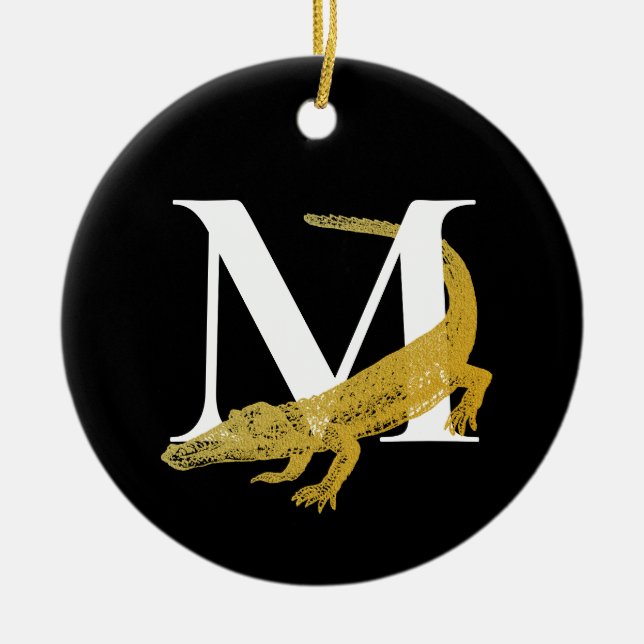 Personlig Monogram Alligator Art Black & Guld Julgransprydnad Keramik (Framsidan)