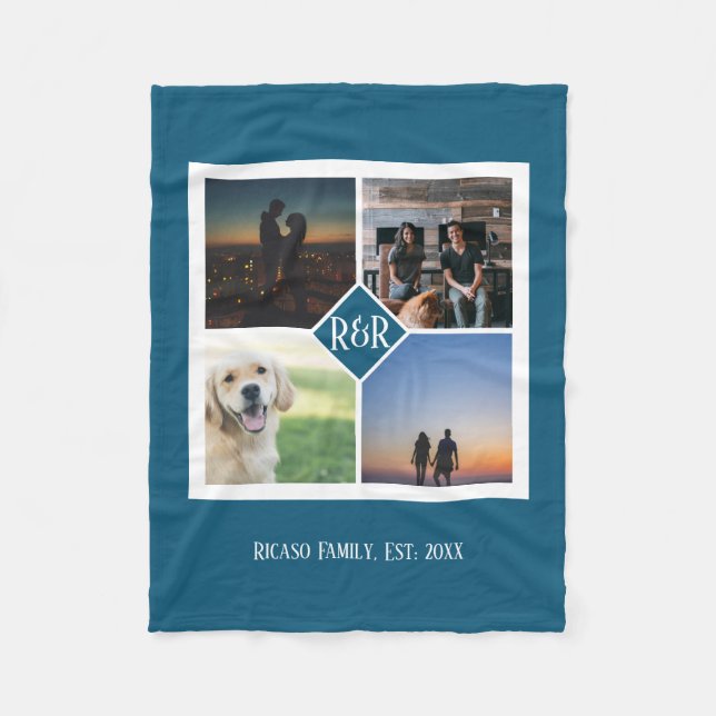 Personlig Monogram Anpassningsbar 4 Fotokollage Fleecefilt (Framsidan)