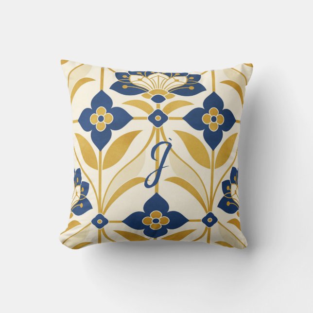 Personlig monogram Art Deco marinblå & guld Kudde (Framsida)