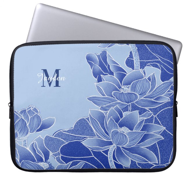 Personlig Monogram Blåa blommor Lotus Mandala Laptop Fodral (Framsidan)