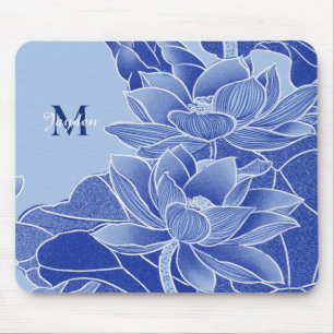 Personlig Monogram Blåa blommor Lotus Mandala Musmatta