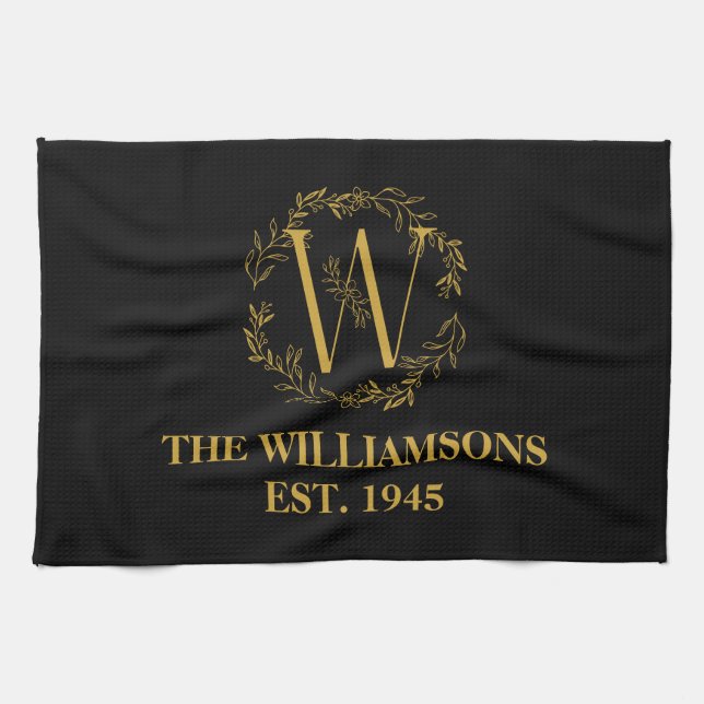 Personlig Monogram Black & Guld-familjen - första  Kökshandduk (Horisontell)