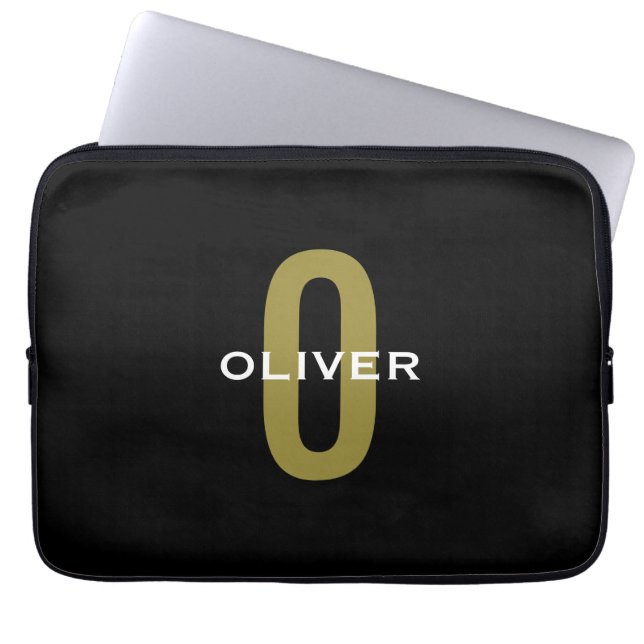 Personlig Monogram Black Guld White Namn Laptop Fodral (Framsidan)
