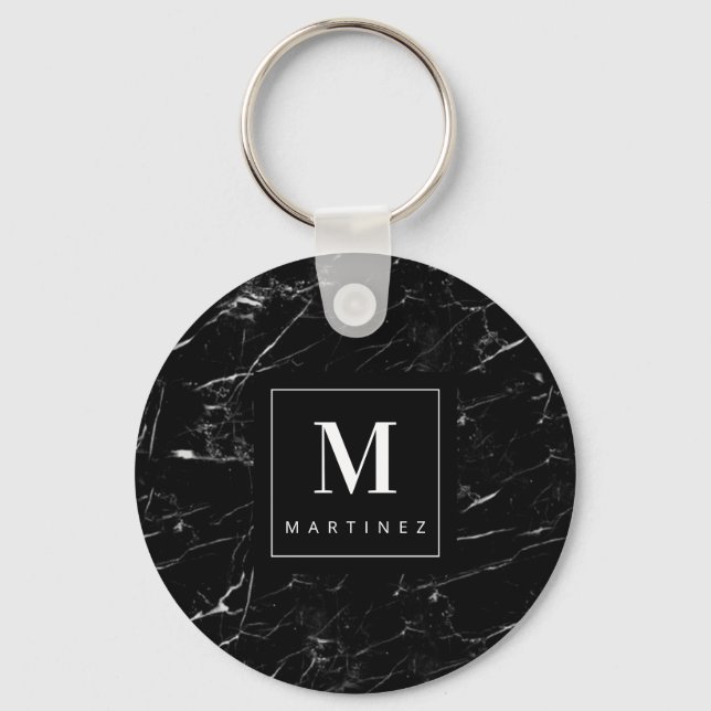 Personlig Monogram Black Marble Nyckelring (Framsida)