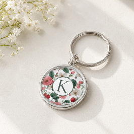 Personlig Monogram Blommig Bär Rund Silverfärgad Nyckelring