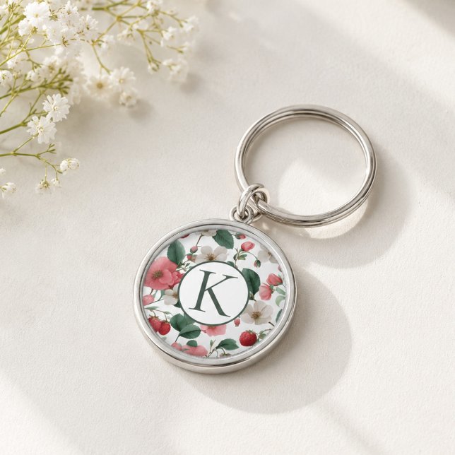Personlig Monogram Blommig Bär  Rund Silverfärgad Nyckelring (Skapare uppladdad)