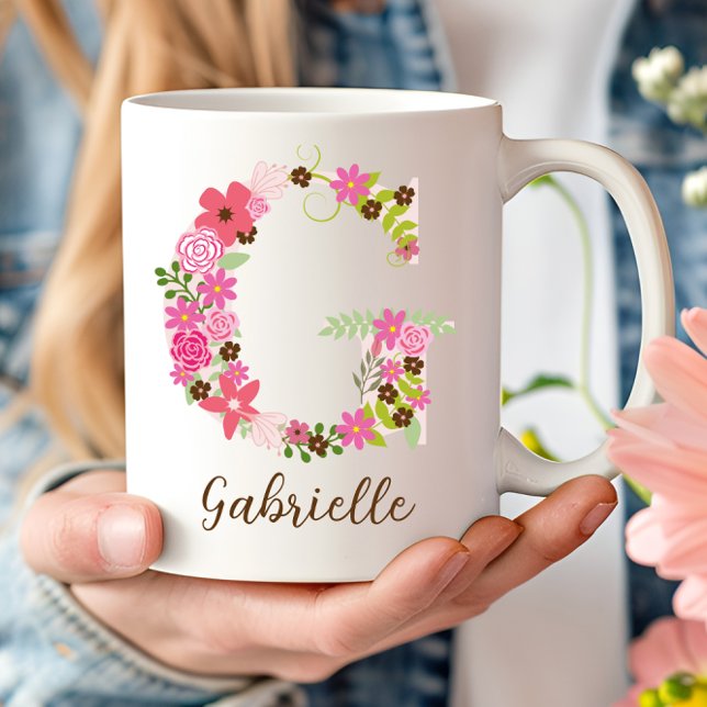 Personlig Monogram Blommigt Brev G Kaffemugg (Personalized Monogram Floral Letter G Coffee Mug)