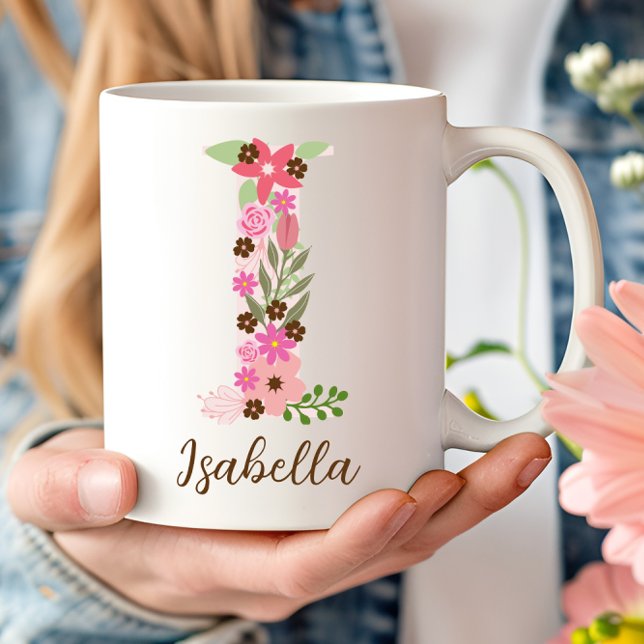 Personlig Monogram Blommigt Brev I Kaffemugg (Personalized Monogram Floral Letter I Coffee Mug)