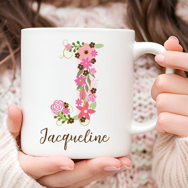 Personlig Monogram Blommigt Brev J Kaffemugg (Personalized Monogram Floral Letter J Coffee Mug)
