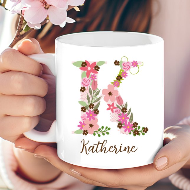 Personlig Monogram Blommigt Brev K Kaffemugg (Personalized Monogram Floral Letter K Coffee Mug)