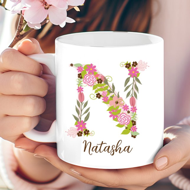 Personlig Monogram Blommigt Brev N Kaffemugg (Personalized Monogram Floral Letter N Coffee Mug)