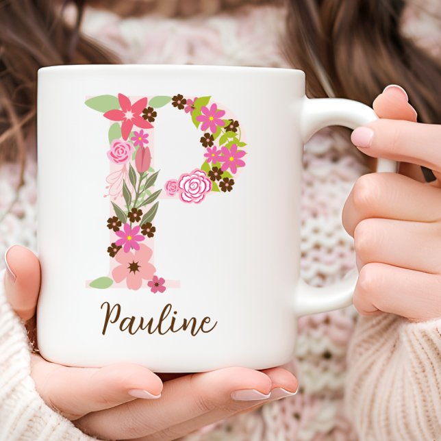 Personlig Monogram Blommigt Brev P Kaffemugg (Personalized Monogram Floral Letter P Coffee Mug)