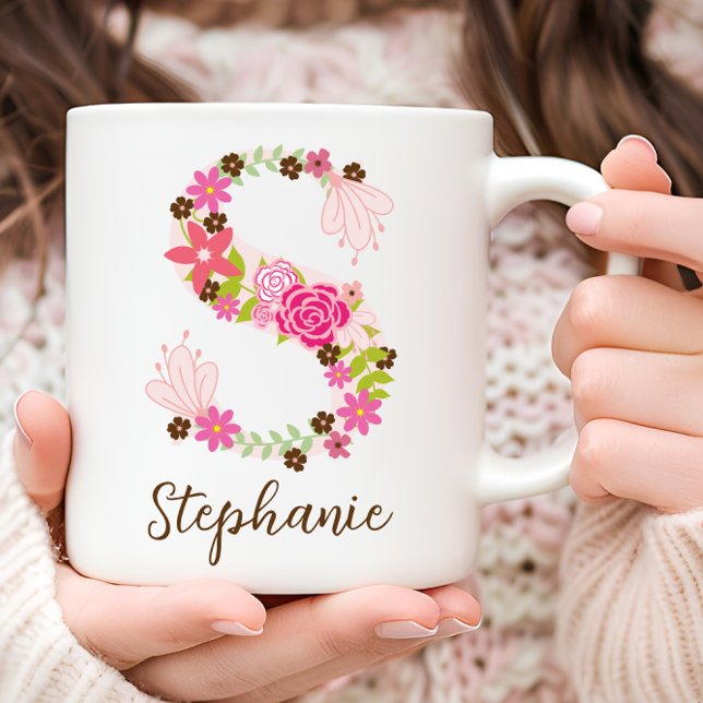 Personlig Monogram Blommigt Brev S Kaffemugg (Personalized Monogram Floral Letter S Coffee Mug)