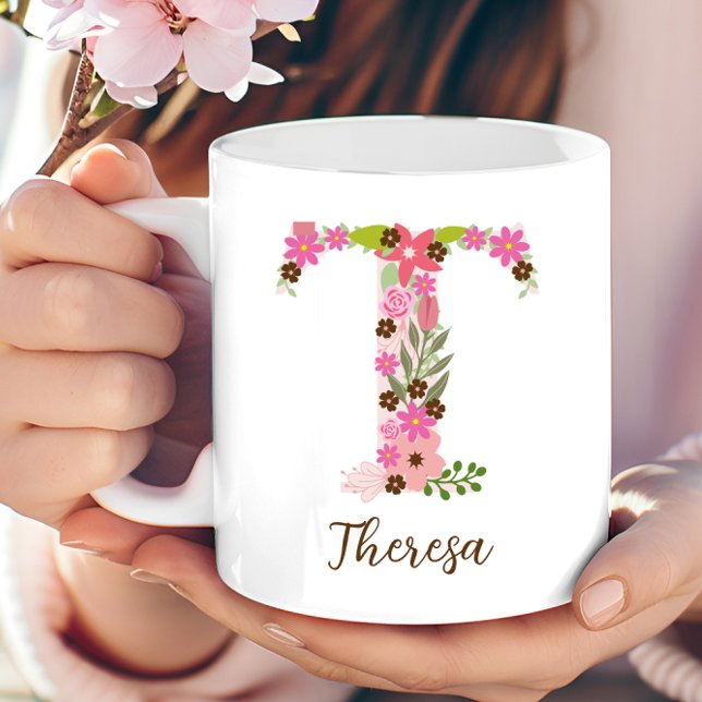 Personlig Monogram Blommigt Brev T Kaffemugg (Personalized Monogram Floral Letter T Coffee Mug)