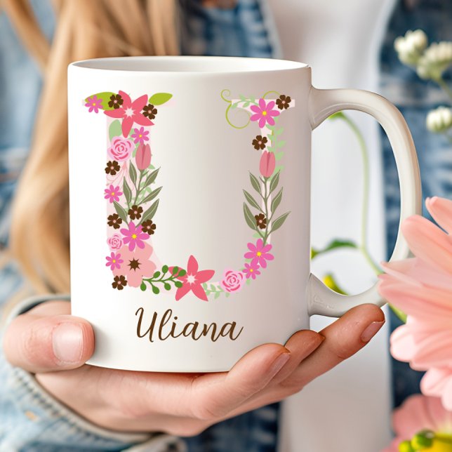 Personlig Monogram Blommigt Brev U Kaffemugg (Personalized Monogram Floral Letter U Coffee Mug)