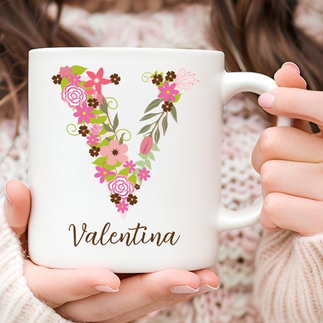 Personlig Monogram Blommigt Brev V Kaffemugg (Personalized Monogram Floral Letter V Coffee Mug)