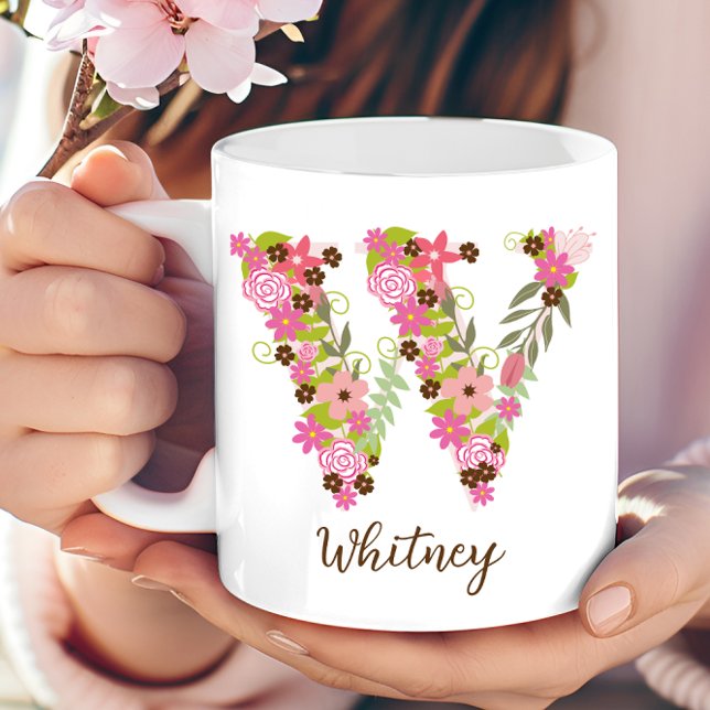 Personlig Monogram Blommigt Brev W Kaffemugg (Personalized Monogram Floral Letter W Coffee Mug)