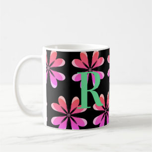 Personlig Monogram blommigtens svarta rosa Kaffemugg