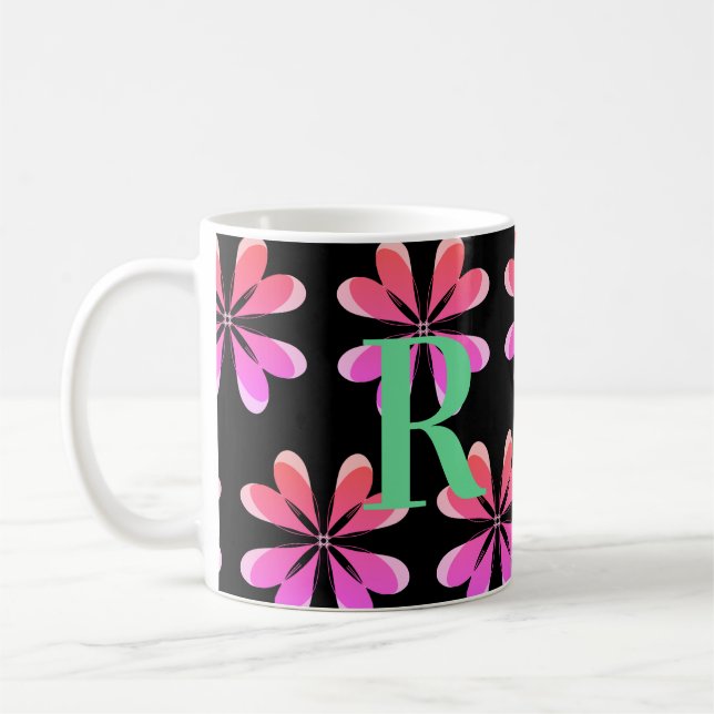 Personlig Monogram blommigtens svarta rosa Kaffemugg (Vänster)