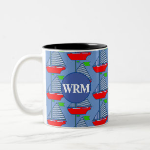 Personlig Monogram Blue Sailboat Coffee Mugg