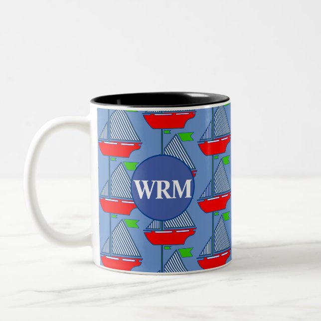 Personlig Monogram Blue Sailboat Coffee Mugg (Vänster)