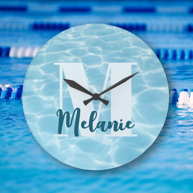 Personlig Monogram Blue Swimming Bassäng Modern Stor Klocka (Skapare uppladdad)