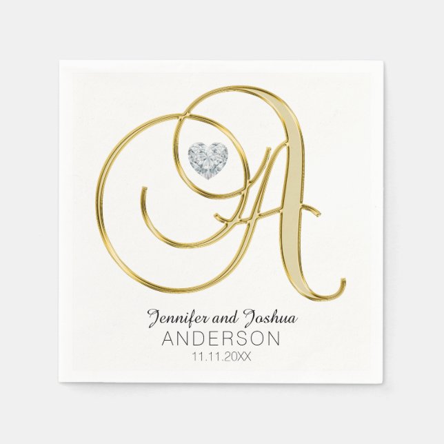 Personlig Monogram Brev "A Guld White Bröllop Pappersservett (Framsidan)