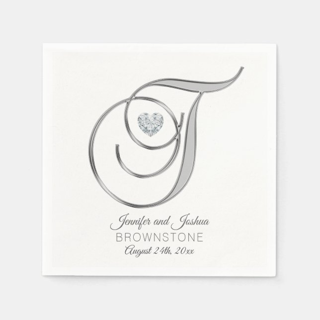 Personlig Monogram Brev T Silver Bröllop Pappersservett (Framsidan)