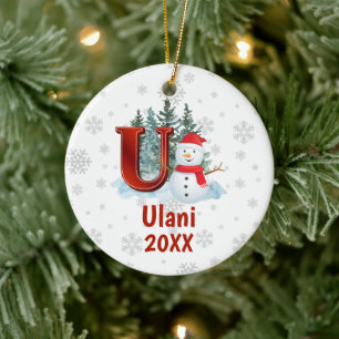 Personlig Monogram Brev U Snögubbe jul Julgransprydnad Keramik