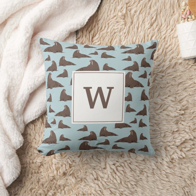 Personlig Monogram Cute Walrus Mönster Kudde (Filt)