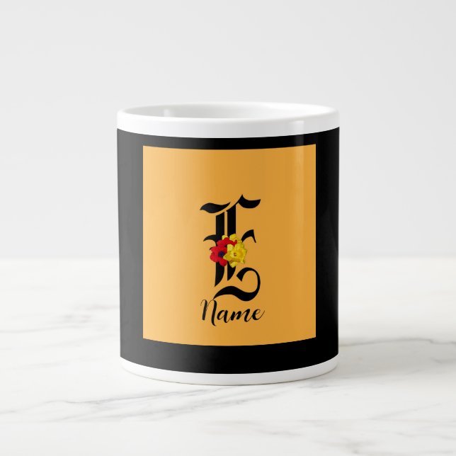 Personlig Monogram E Floral Svart Orange Jumbo Mugg (Framsidan)