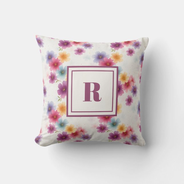 Personlig monogram – Elegant modern blomma  Kudde (Framsida)