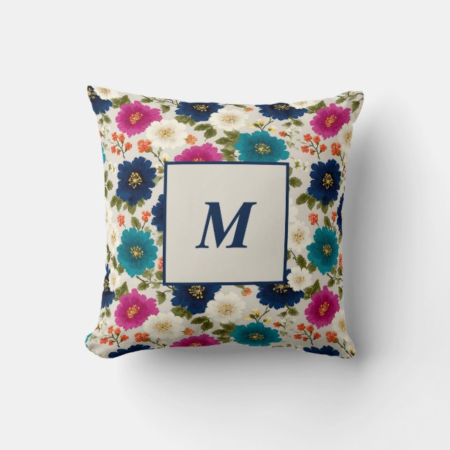 Personlig monogram – Elegant modern blomster Kudde (Framsida)