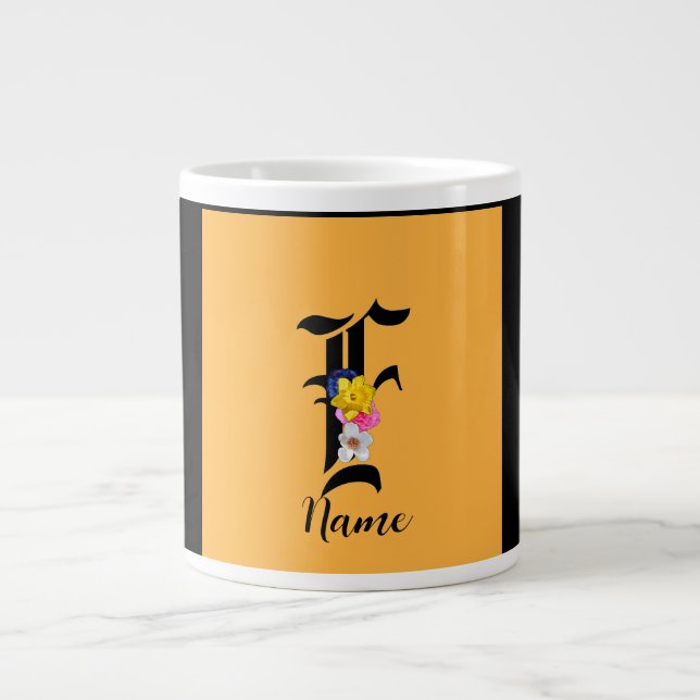 Personlig Monogram F Floral Svart Jumbo Mugg (Framsidan)