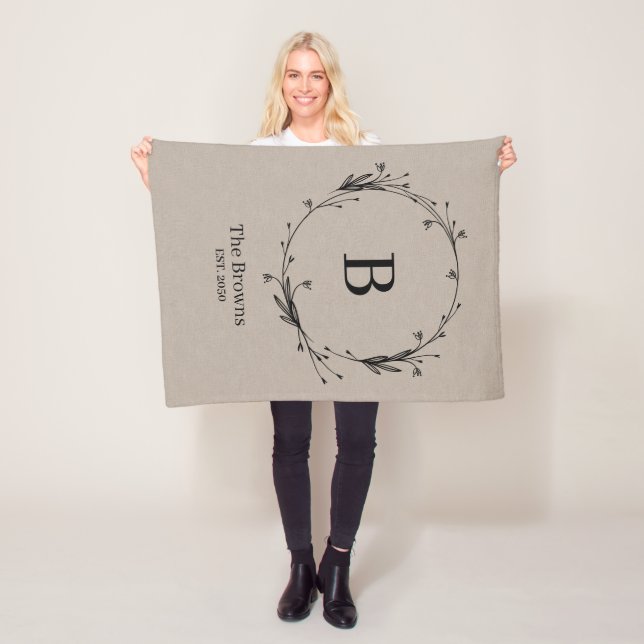 Personlig Monogram Family Namn Rustic Linen Fleecefilt (På plats)