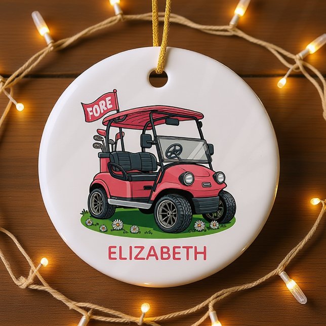 Personlig Monogram Feminine Golf Cart Julgransprydnad Keramik (Skapare uppladdad)