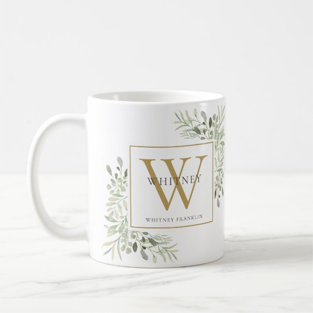 Personlig Monogram för Greenery Elegant Guld Kaffemugg (Vänster)