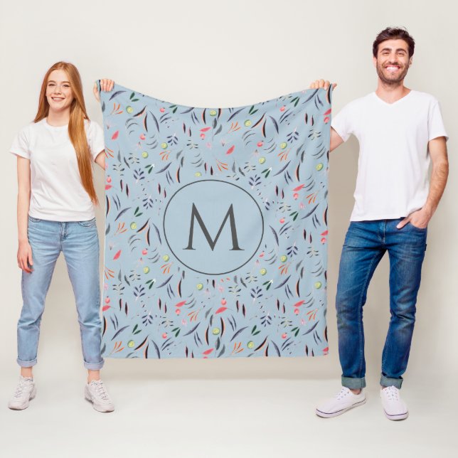 Personlig MONOGRAM FÖR Ljusblå Blommigt Fleecefilt (På plats)