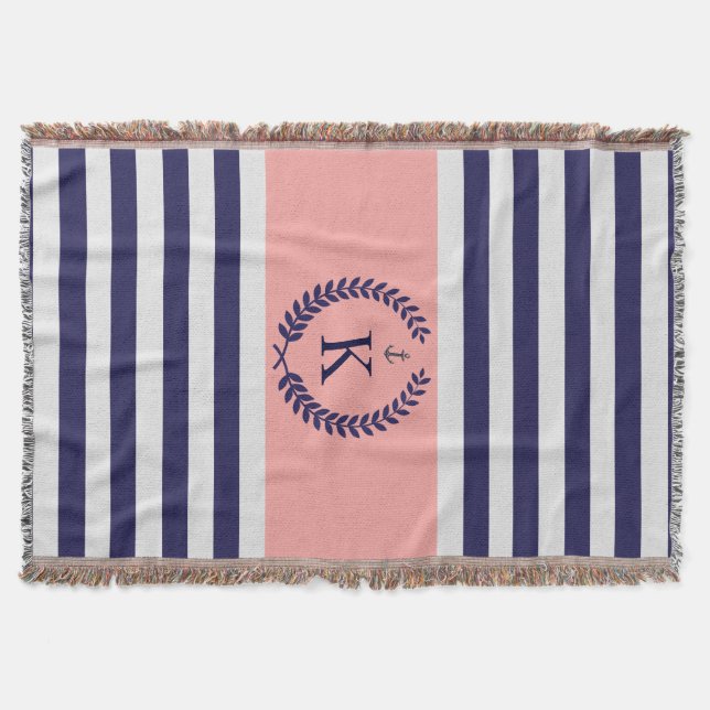 Personlig Monogram för marinkoral Nautical Rand Filt (Framsidan)
