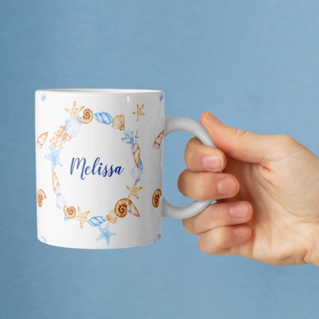 Personlig Monogram för Nautical Beach Illustration Kaffemugg (Skapare uppladdad)
