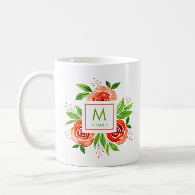 Personlig Monogram för vattenfärgen Coral Ro Kaffemugg (Vänster)
