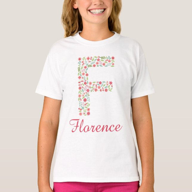 Personlig Monogram Girls T-Shirt med Brev F (Framsida)