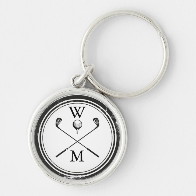 Personlig Monogram Golf-Klubbar Rund Silverfärgad Nyckelring (Framsidan)